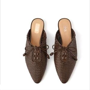 Zara Brown Woven Slip On Mules Slides With Bows Dress Shoes Women’s Size 37 6.5